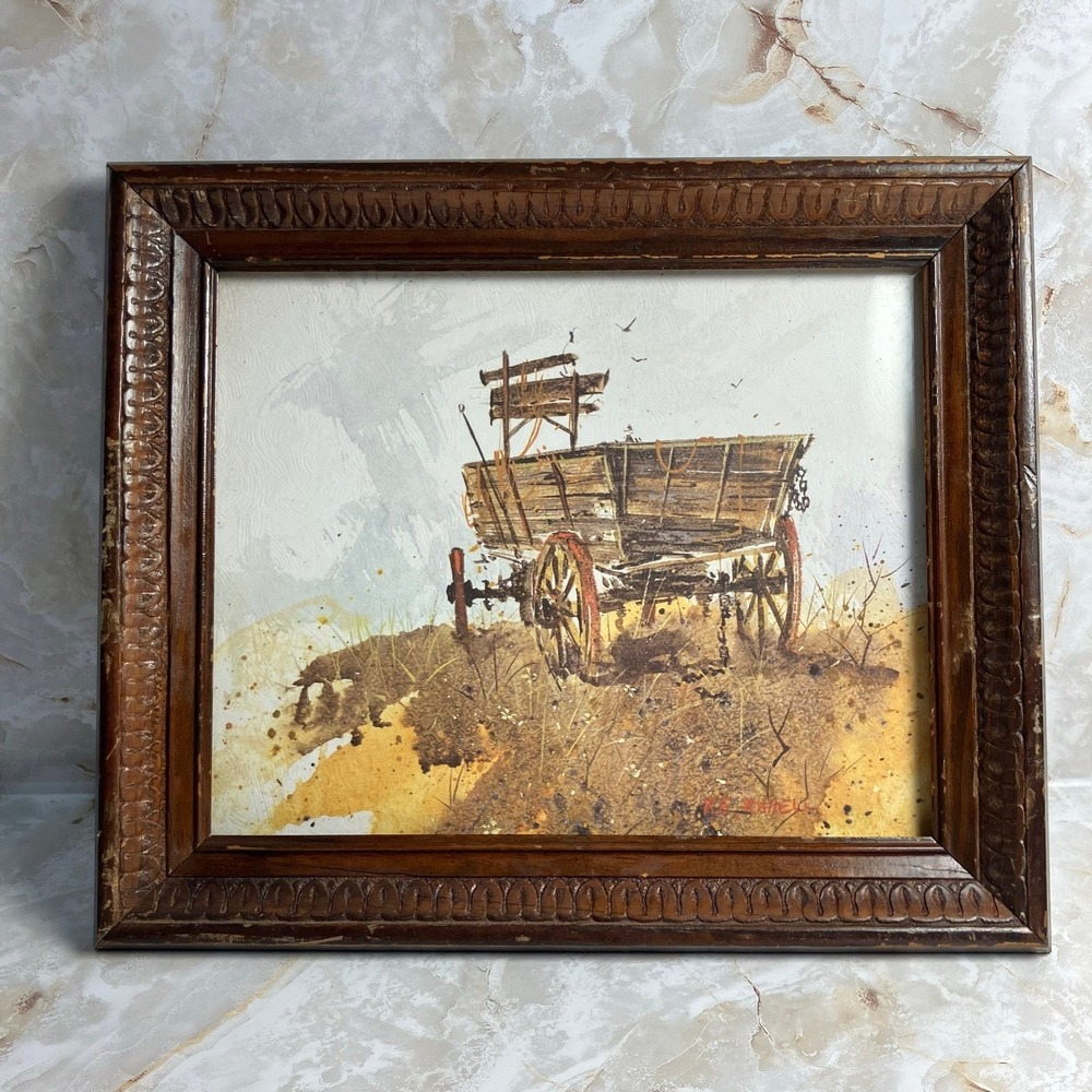 vintage 1972 DAC NY rustic Western Wooden Cart MCM Art‎ by R.E. Riviell Framed